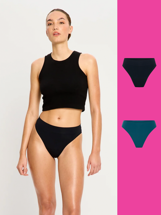 Seamfree Hi Waist Cheeky Black & Thong Teale Blue 2 Pack