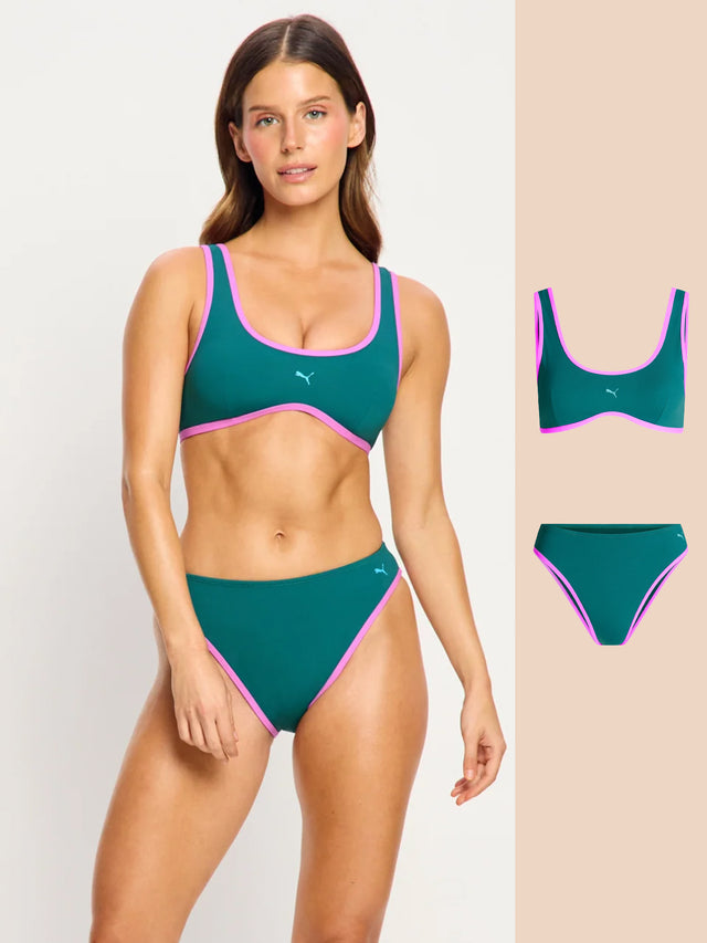 Puma X Modibodi Swimwear Scoop Bikini Top & Hi-Leg Cheeky Bottom Emerald Ice
