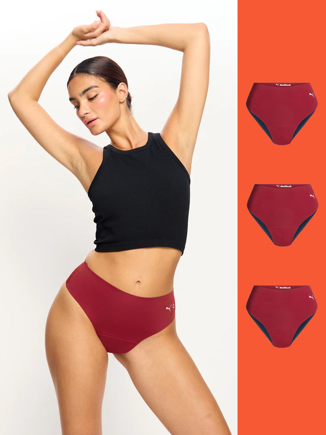 Puma X Modibodi Seamfree Active Hi Waist Cheeky Moderate Caramelised Red 3 Pack