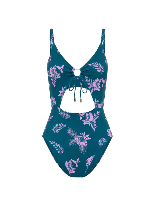 Swimwear Tie Front Cut Out One Piece Light Midnight Tropic Print